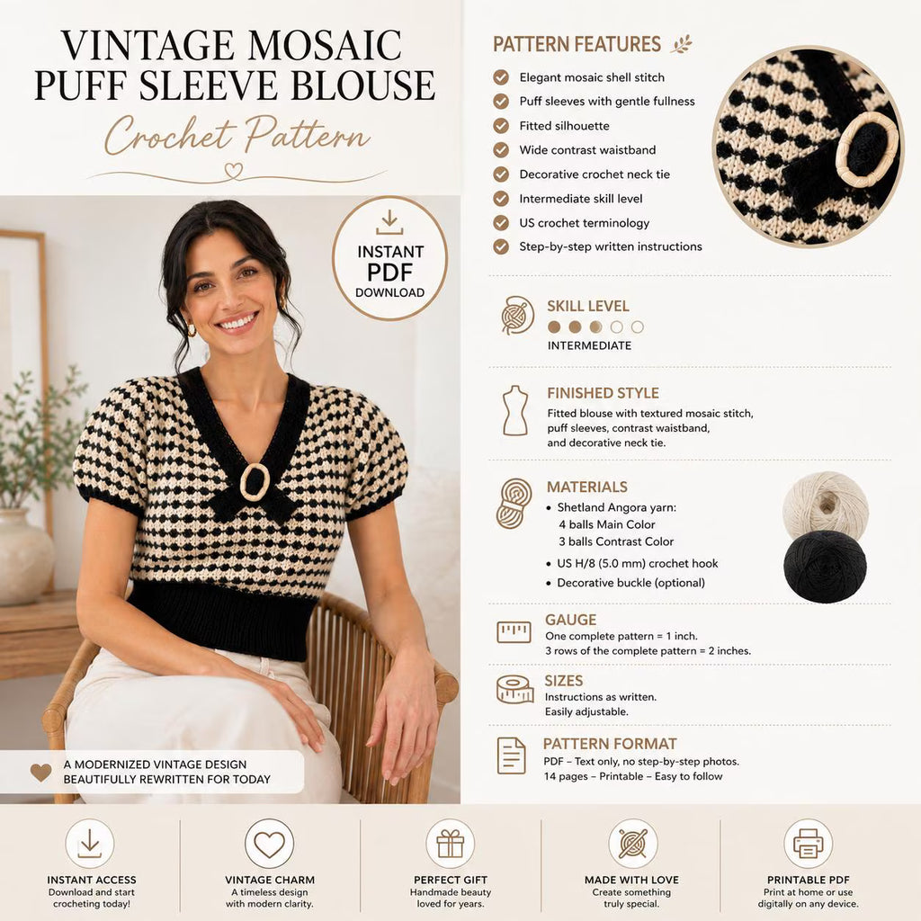 Mosaic Puff Sleeve Blouse Crochet Pattern
