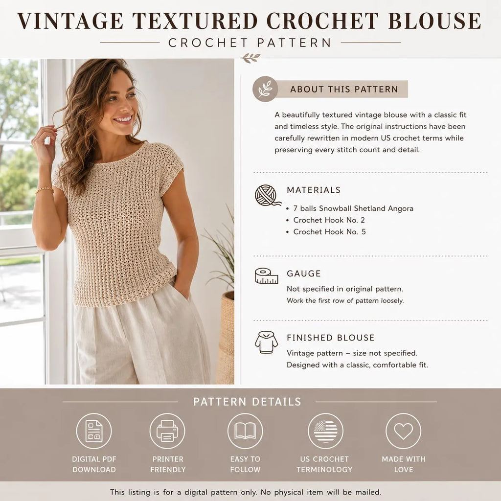 Textured Crochet Blouse Pattern, Short Sleeve Top