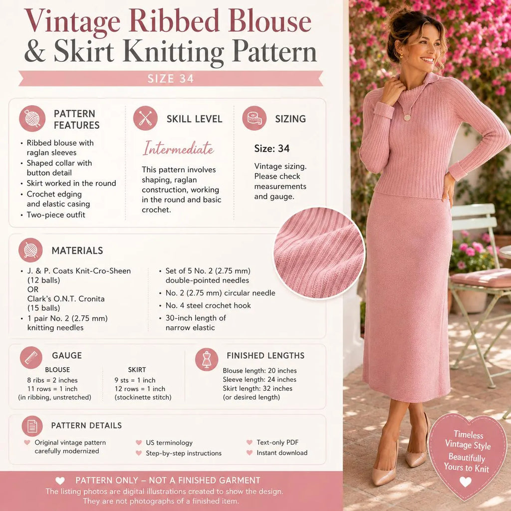 Vintage Ribbed Blouse & Skirt Knitting Pattern