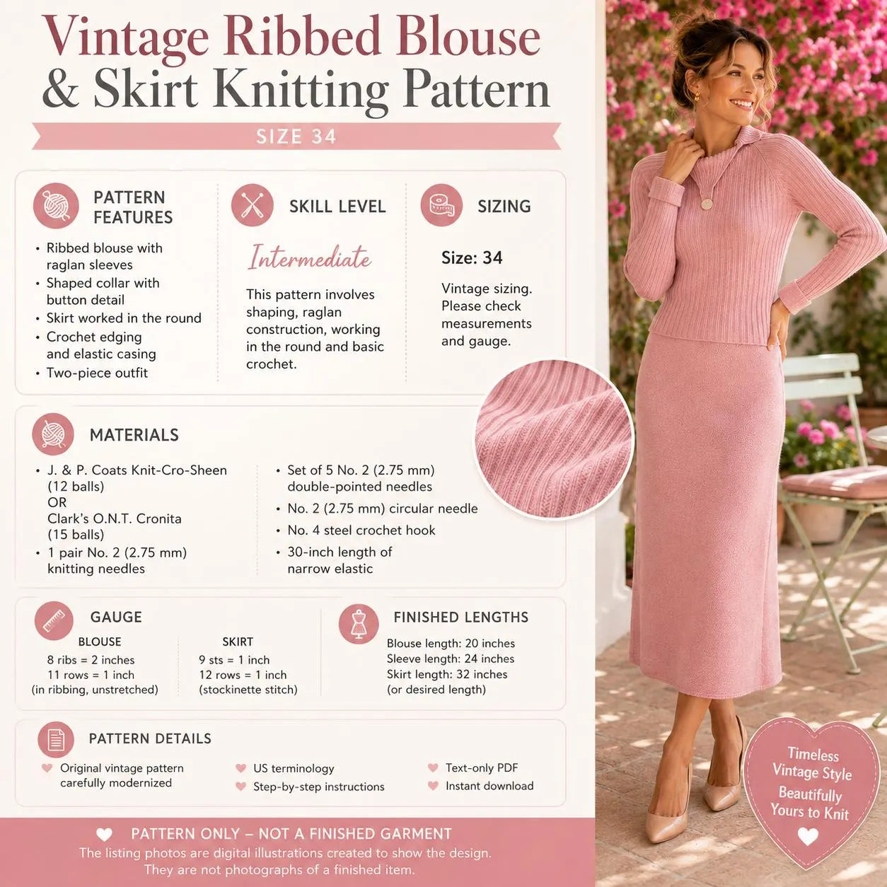 Vintage Ribbed Blouse & Skirt Knitting Pattern