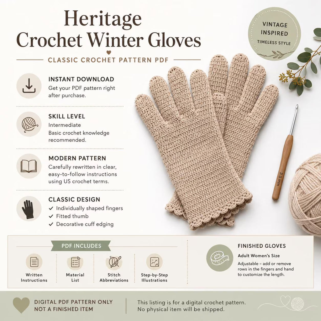 Crochet Winter Vintage Fingered Gloves for Women Pattern