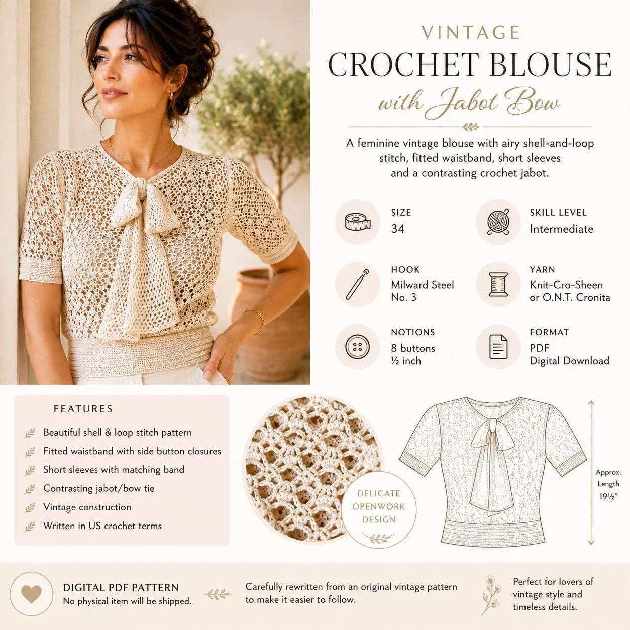 Vintage Crochet Blouse Pattern with Jabot Bow