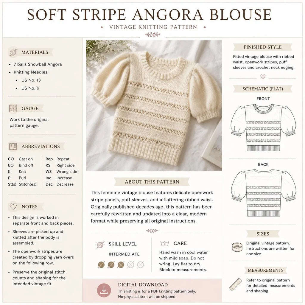 Puff Sleeve Angora Blouse Knitting Pattern