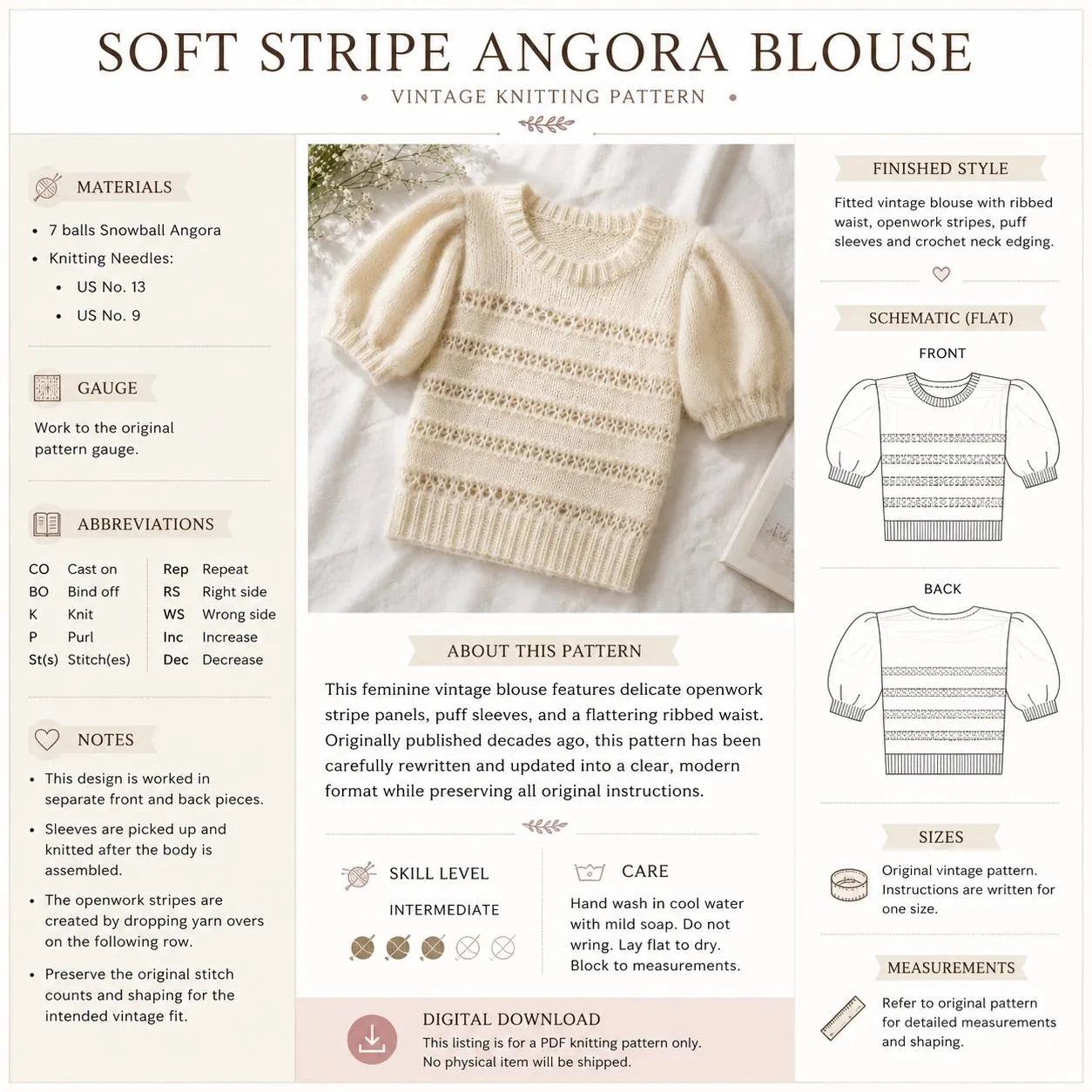Puff Sleeve Angora Blouse Knitting Pattern