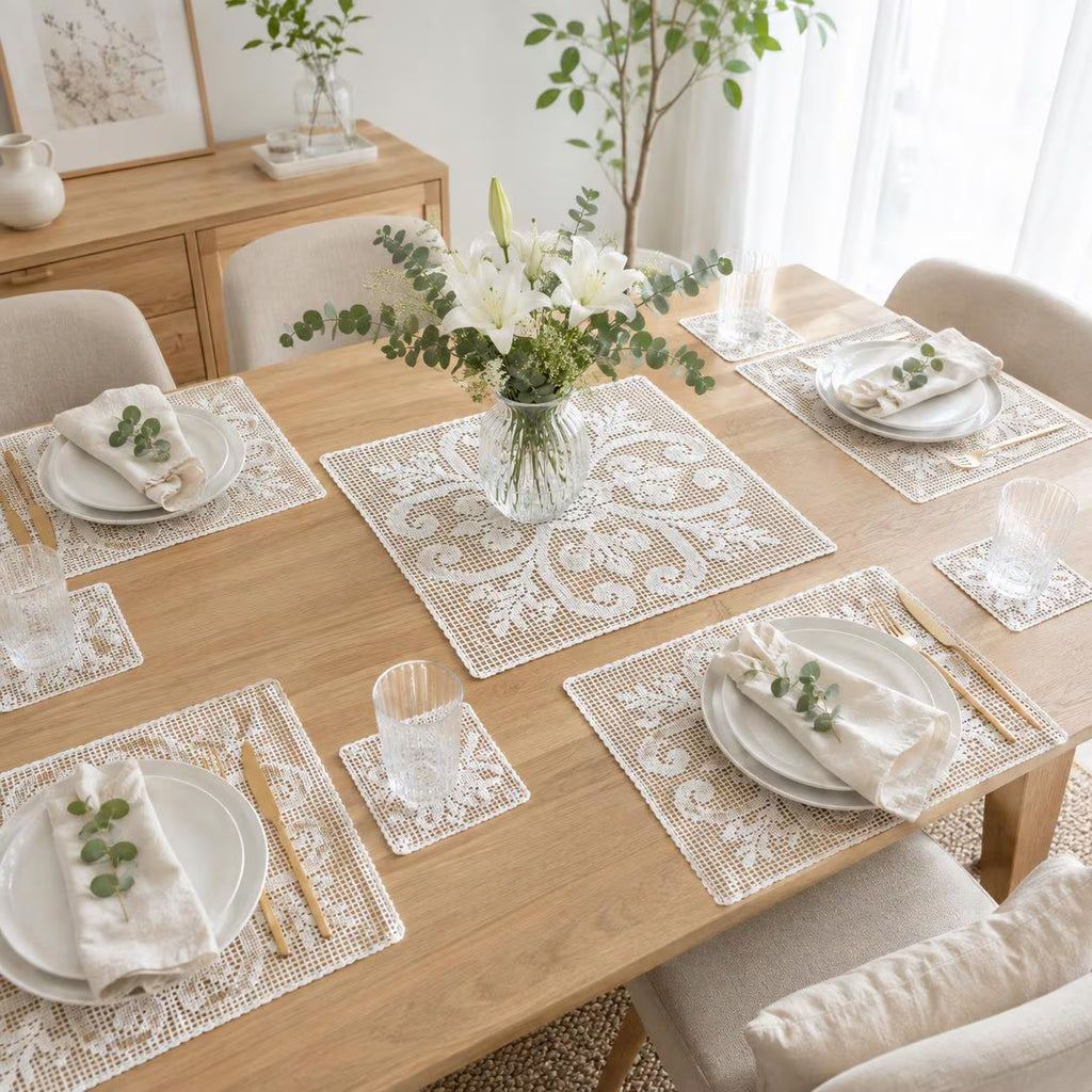 Filet Crochet Doily Set Pattern, Floral Table Mats