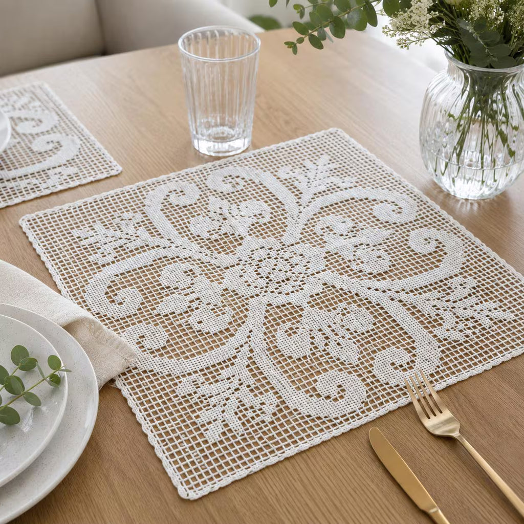 Filet Crochet Doily Set Pattern, Floral Table Mats