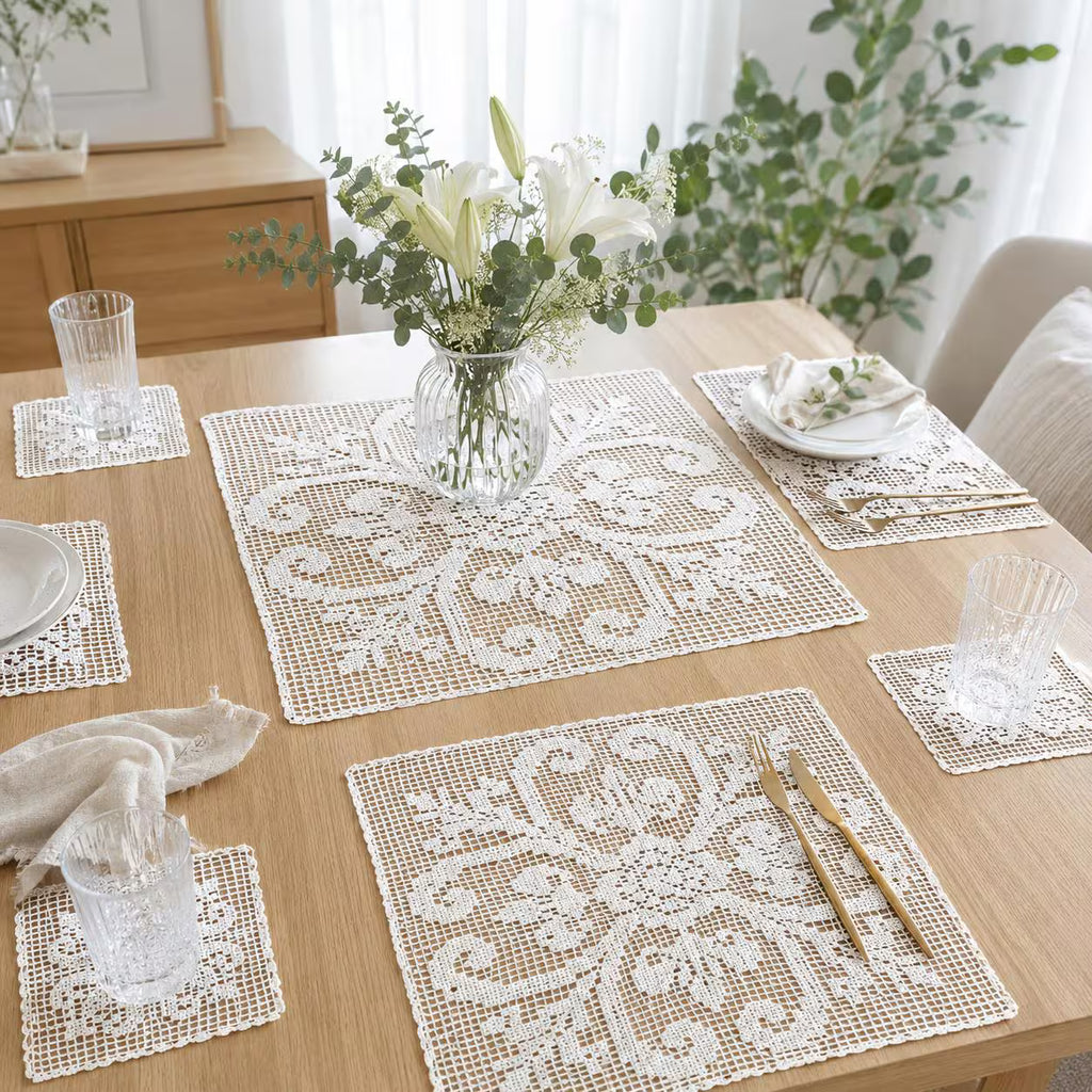 Filet Crochet Doily Set Pattern, Floral Table Mats