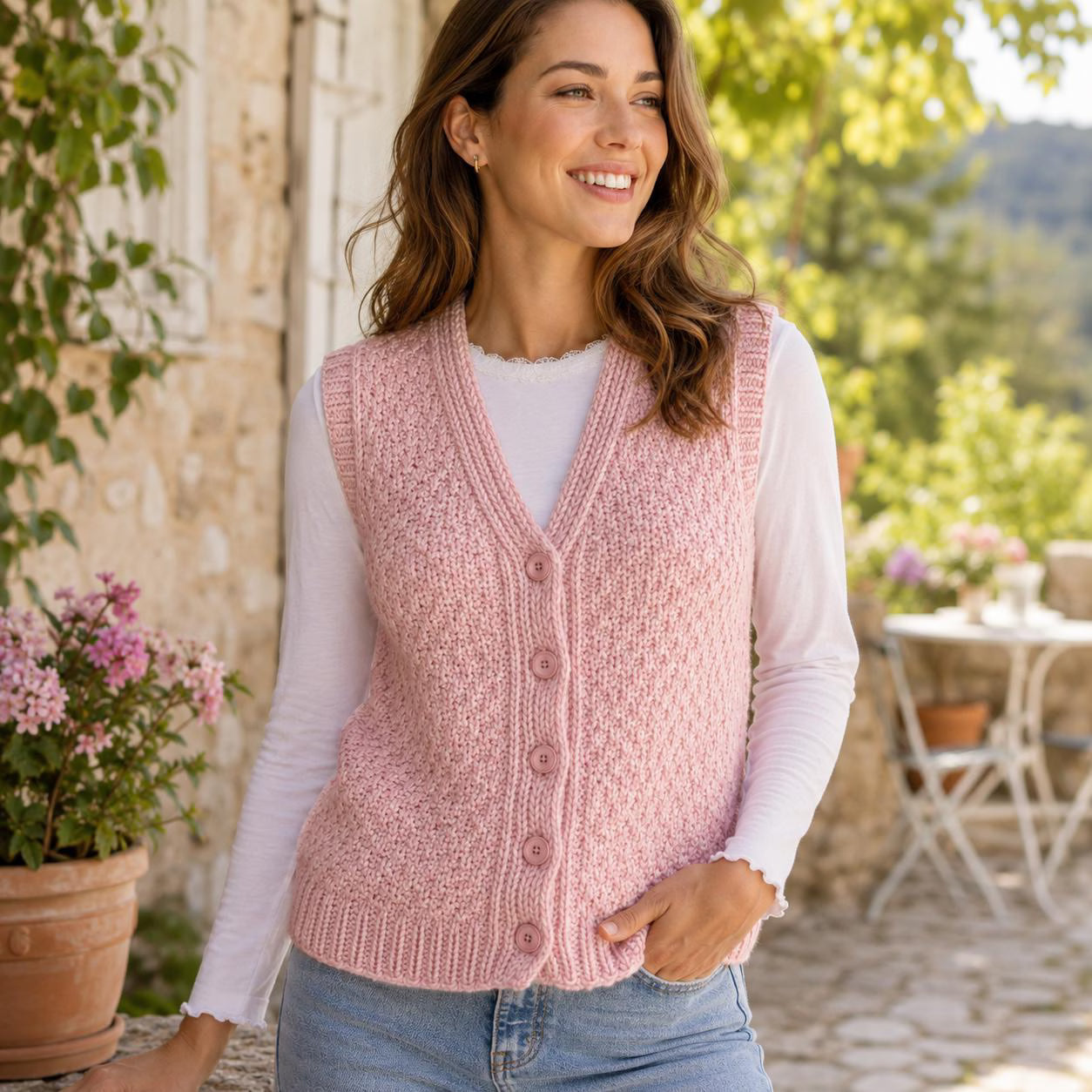 Button Vest Knitting Pattern, Textured V-Neck Sleeveless Cardigan
