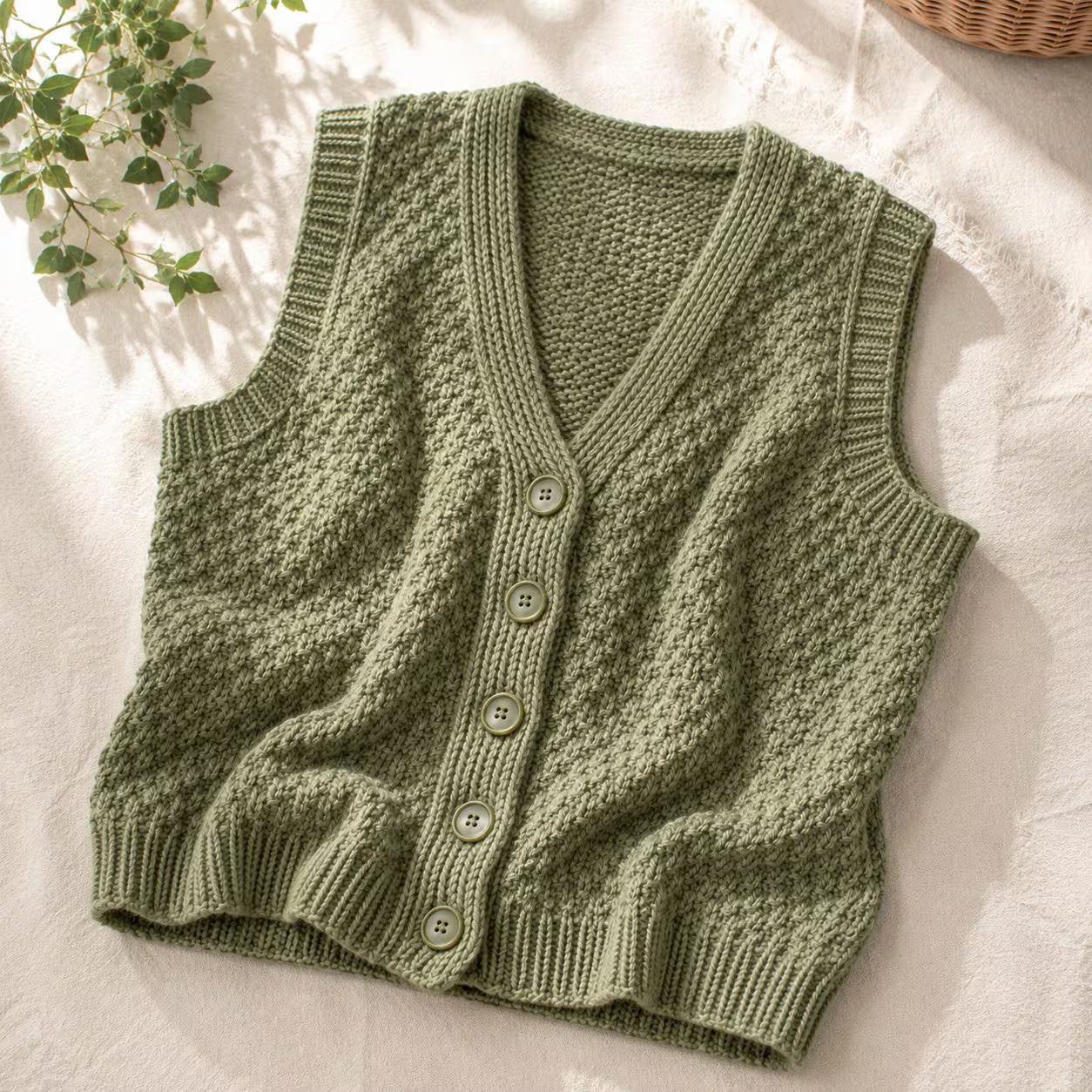 Button Vest Knitting Pattern, Textured V-Neck Sleeveless Cardigan