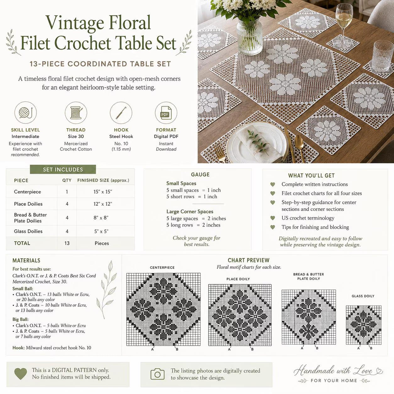Vintage Floral Filet Crochet Table 13 Piece Set Pattern