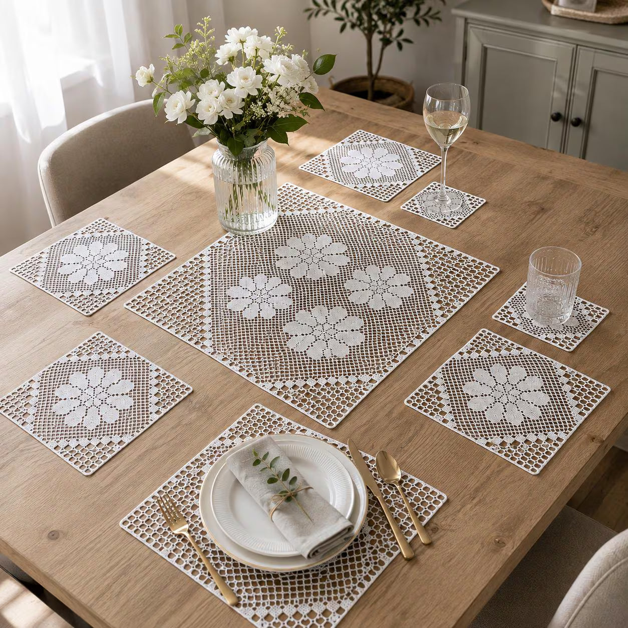 Vintage Floral Filet Crochet Table 13 Piece Set Pattern