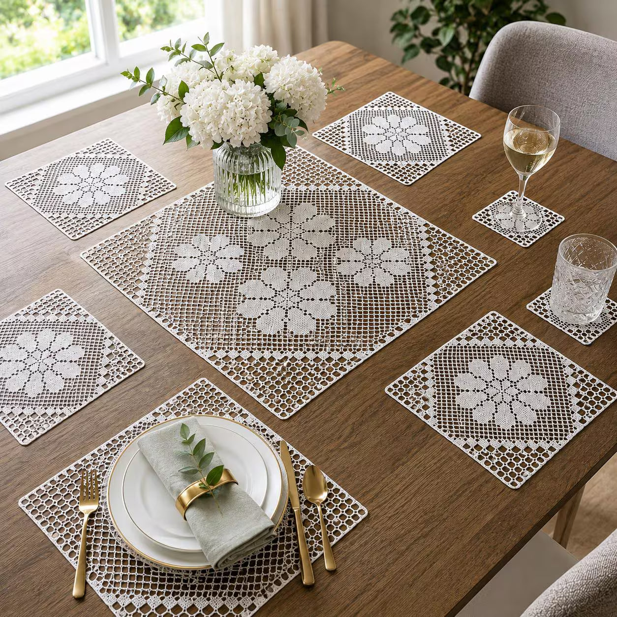 Vintage Floral Filet Crochet Table 13 Piece Set Pattern