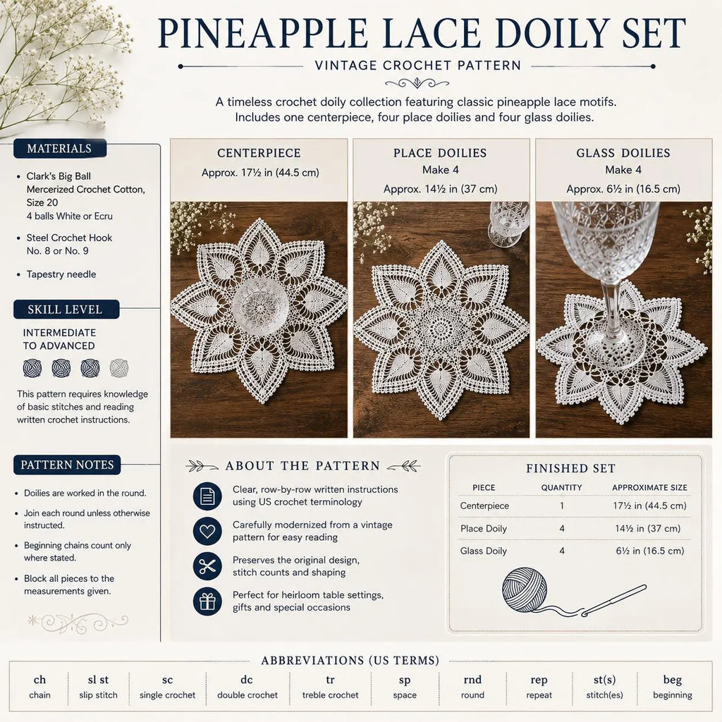 Vintage Pineapple Lace Doily Set Crochet Pattern