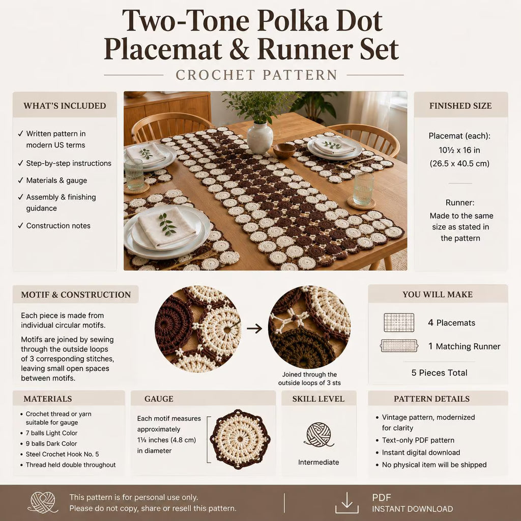 Two-Tone Polka Dot Crochet Placemat Pattern, Vintage Table Runner & Mat Set
