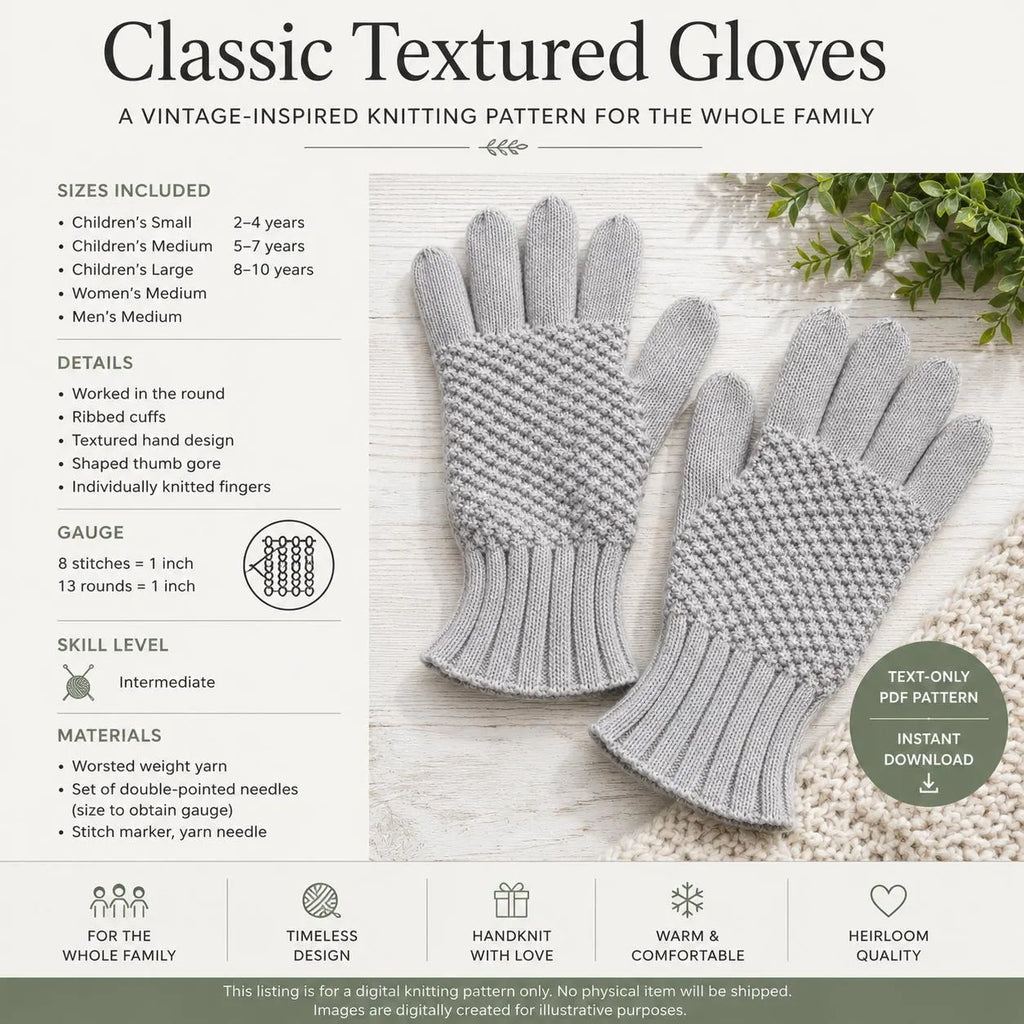Classic Textured Gloves Knitting Pattern, Children Women Men Sizes