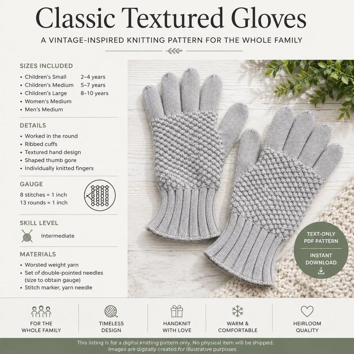 Classic Textured Gloves Knitting Pattern, Children Women Men Sizes