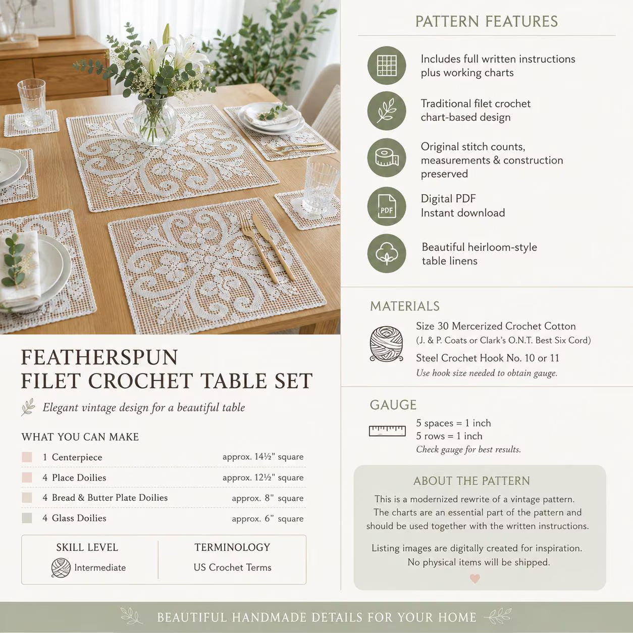 Filet Crochet Doily Set Pattern, Floral Table Mats