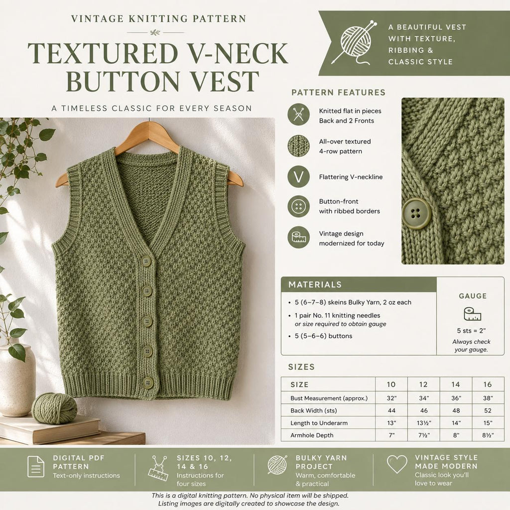 Button Vest Knitting Pattern, Textured V-Neck Sleeveless Cardigan