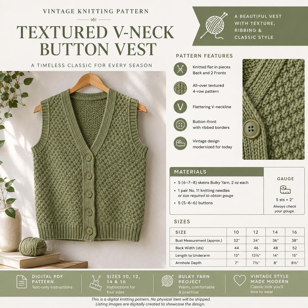 Button Vest Knitting Pattern, Textured V-Neck Sleeveless Cardigan