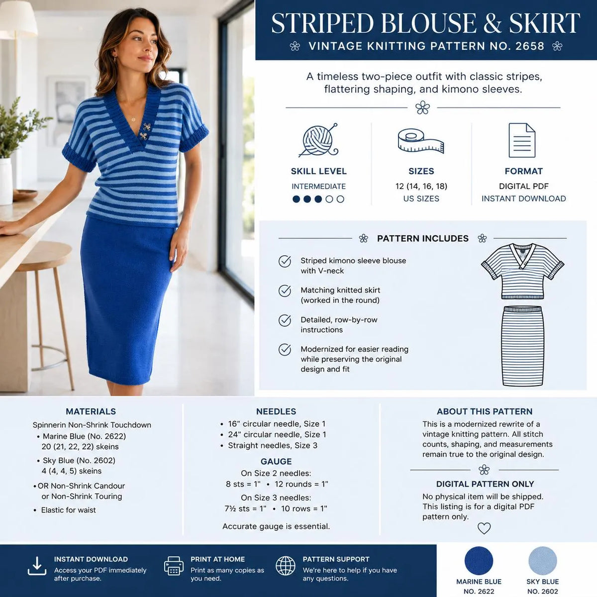 Striped Blouse & Skirt Knitting Pattern