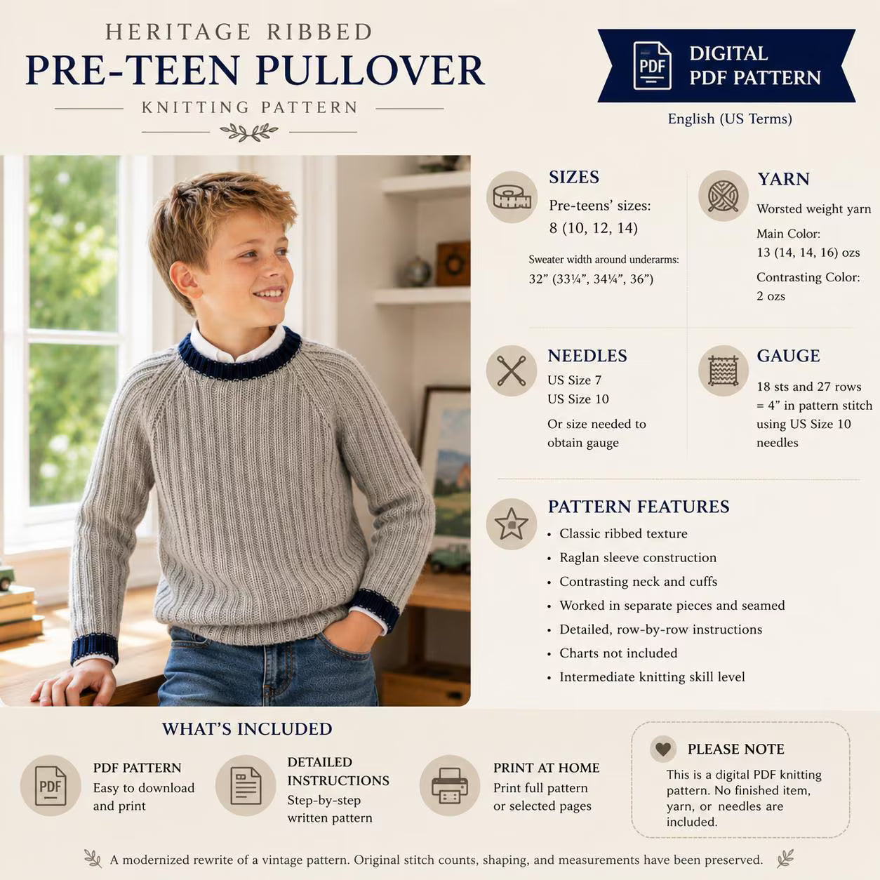 Kids Ribbed Pullover Knitting Pattern