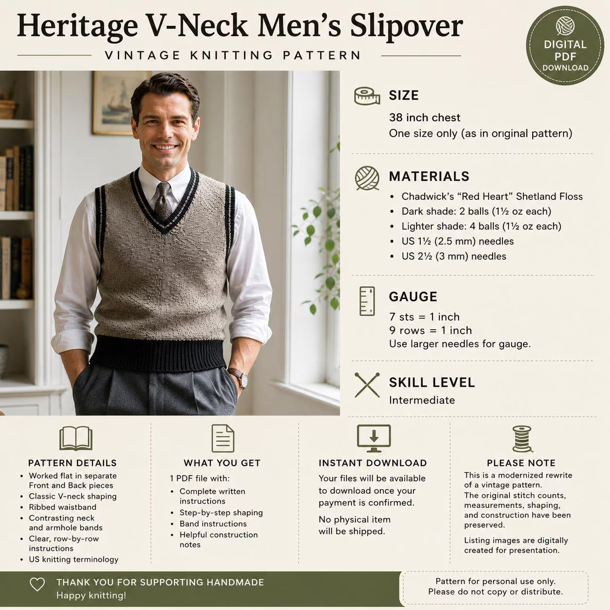 Men’s Classic V Neck Sweater Vest Knitting Pattern