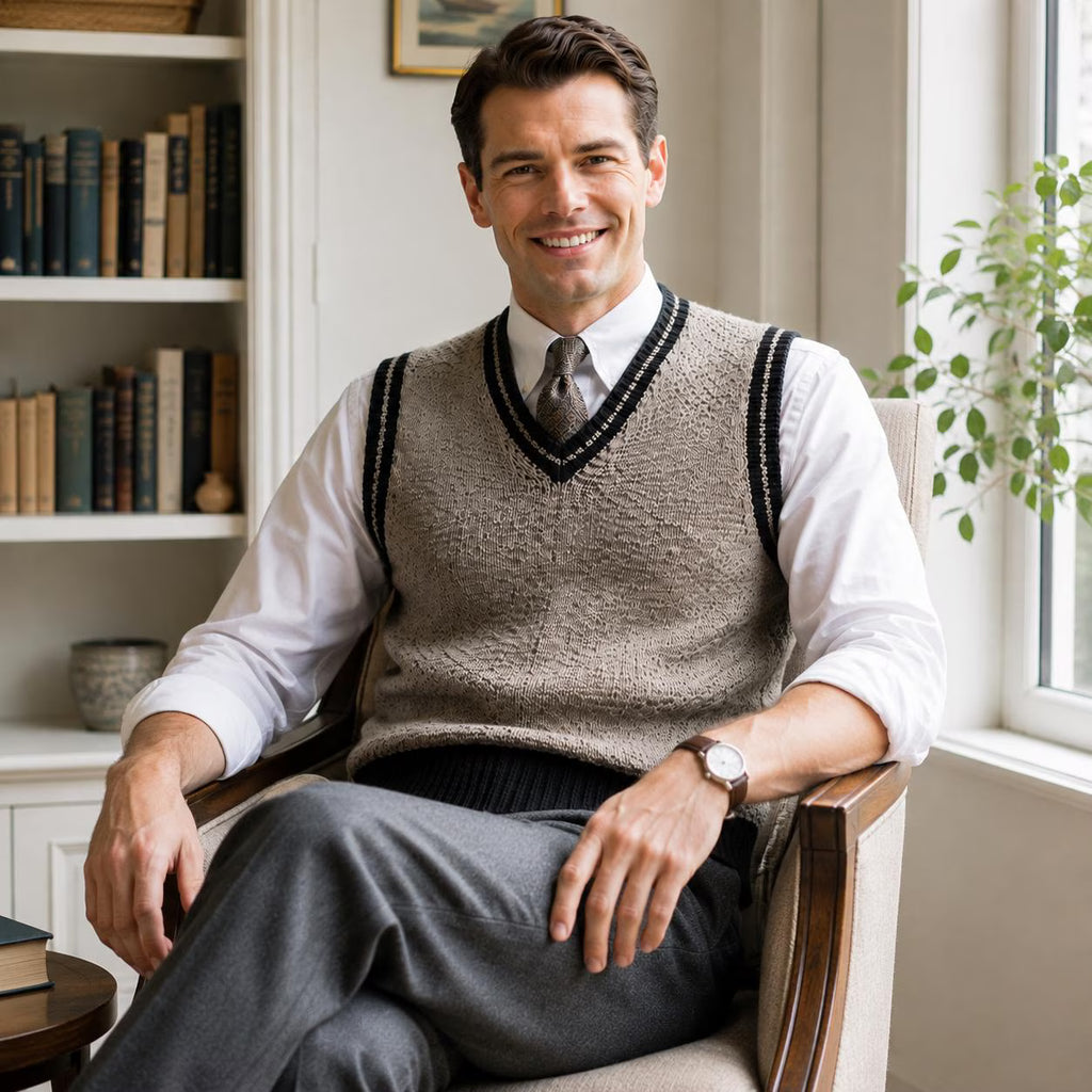 A man sitting in a wooden armchair in a bright, classic study, wearing a beige knit v-neck sweater vest over a white dress shirt, gray tie, and gray trousers.