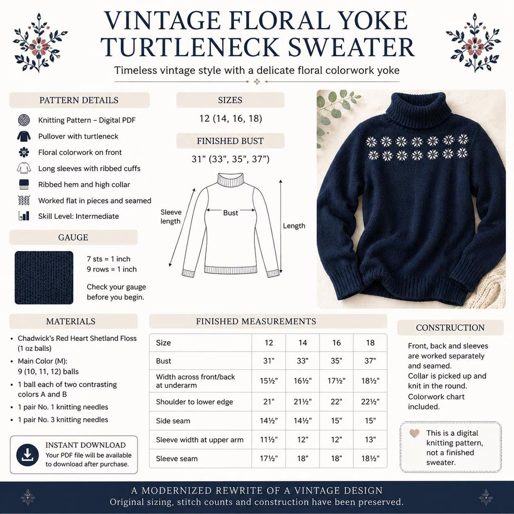 Floral Yoke Turtleneck Knitting Pattern