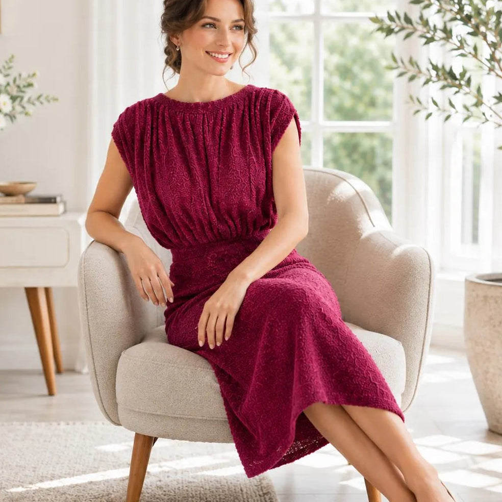 A woman wearing a textured deep burgundy midi dress sits in a light beige armchair in a bright, modern living room with potted plants and a side table.
