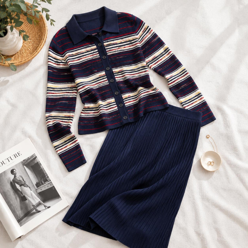 Striped Jacket & Ribbed Skirt Set