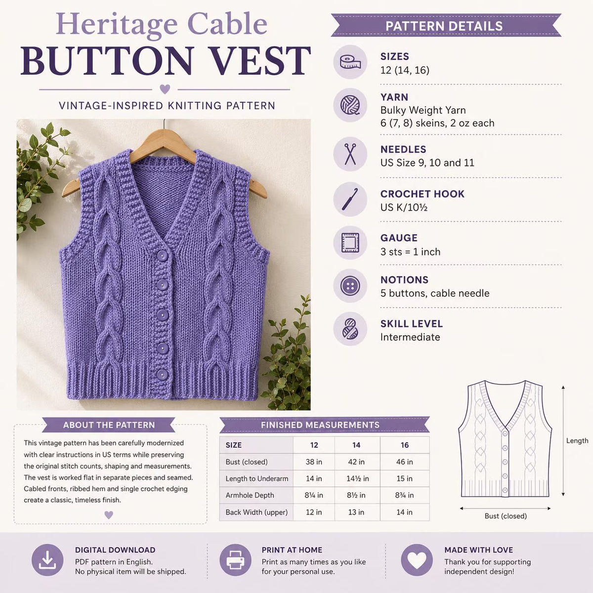 Vintage Cable Button Vest Knitting Pattern