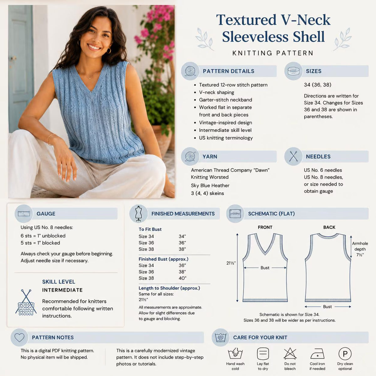 Textured V-Neck Sleeveless Shell Knitting Pattern