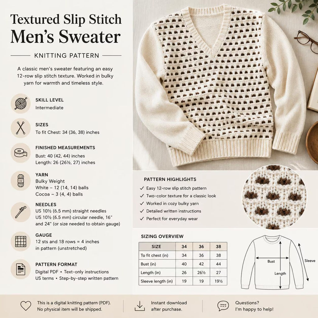 Men’s Slip Stitch V-Neck Sweater Knitting Pattern