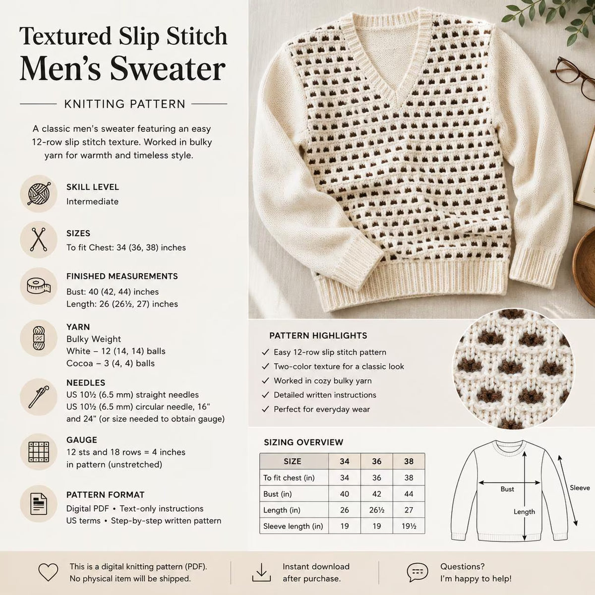 Men’s Slip Stitch V-Neck Sweater Knitting Pattern