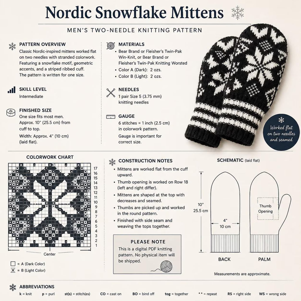 Nordic Men’s Colorwork Snowflake Mittens Knitting Pattern