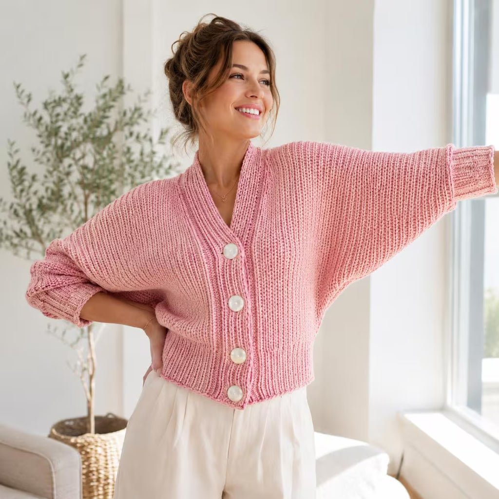 A woman wearing a chunky pink knit cardigan with wide batwing sleeves and white buttons, standing in a bright room with a window and a potted plant.