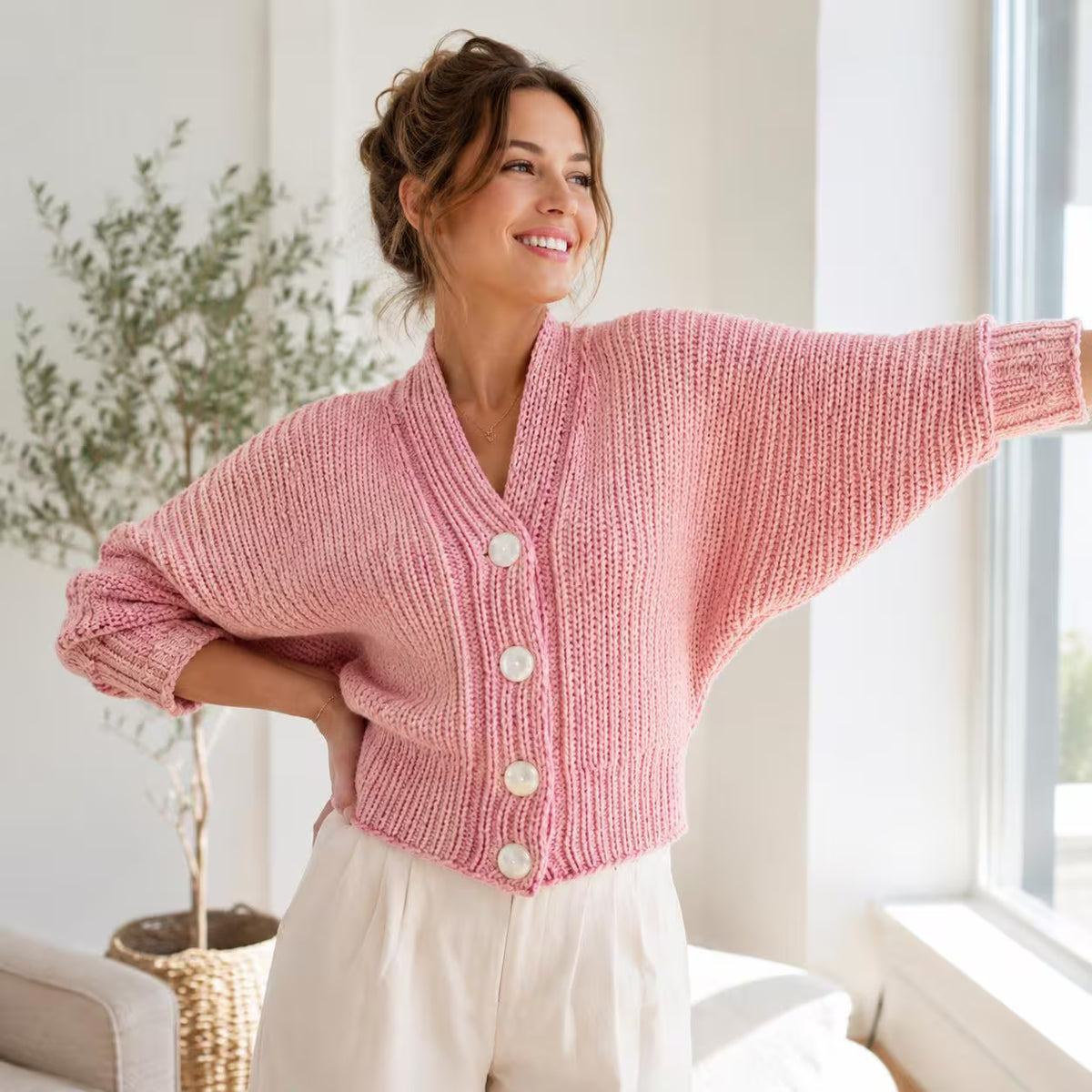 A woman wearing a chunky pink knit cardigan with wide batwing sleeves and white buttons, standing in a bright room with a window and a potted plant.