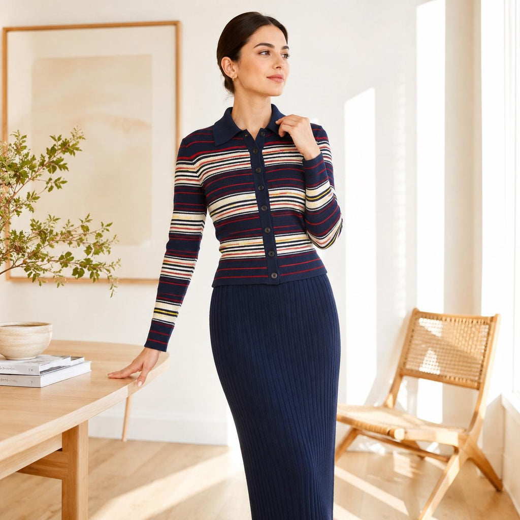 Striped Jacket & Ribbed Skirt Set