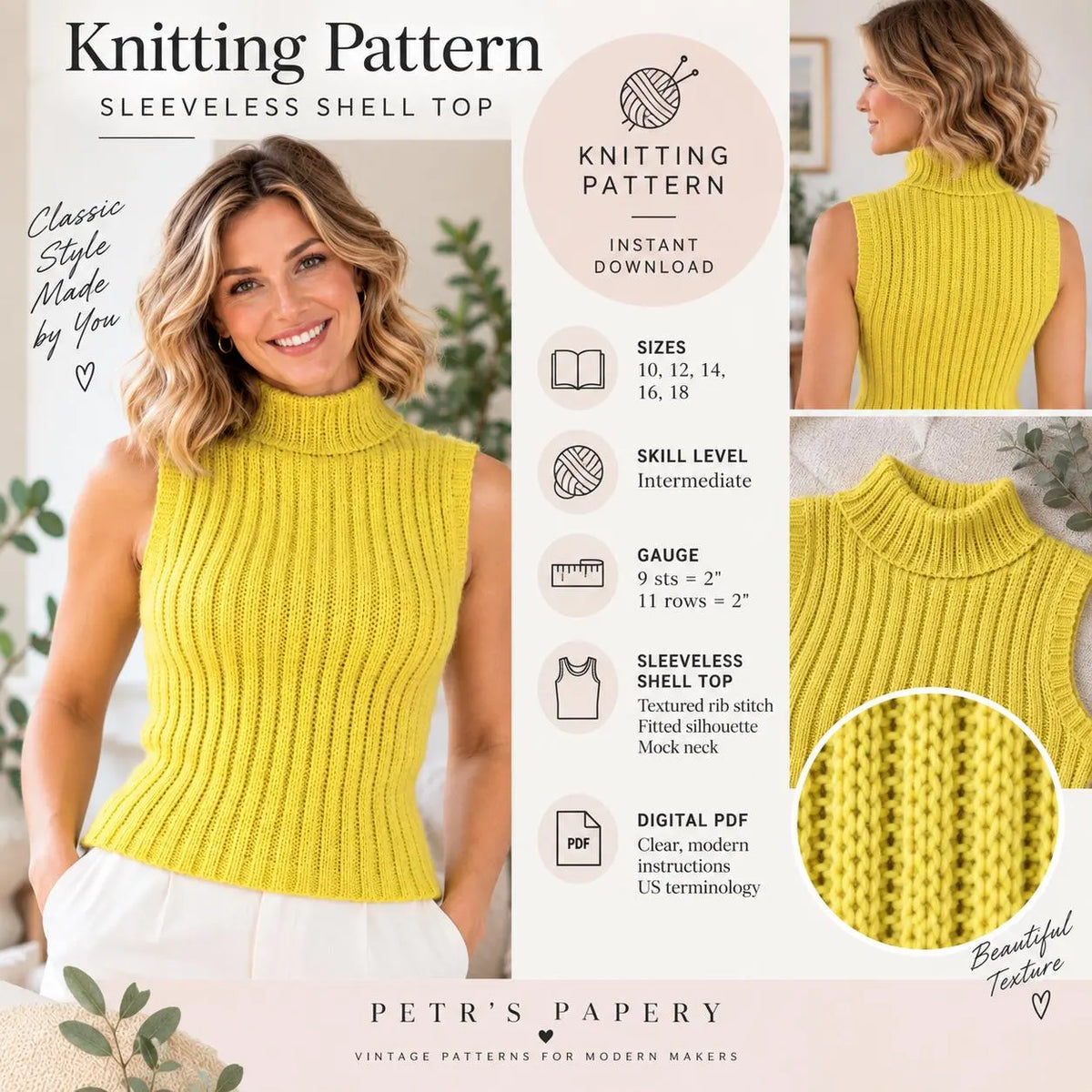 Vintage Style Knitting Pattern Sleeveless Shell Top