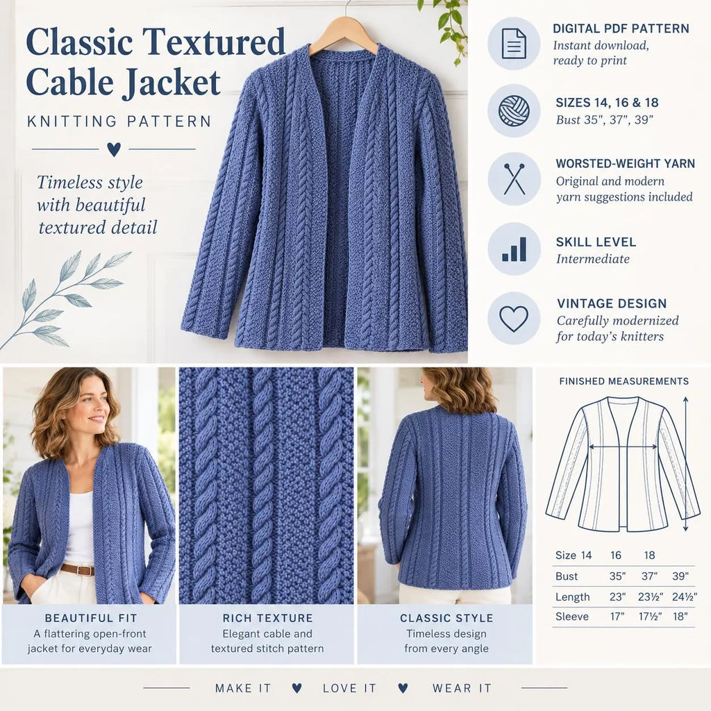 Classic Textured Cable Jacket Knitting Pattern, Vintage Open Front Cardigan
