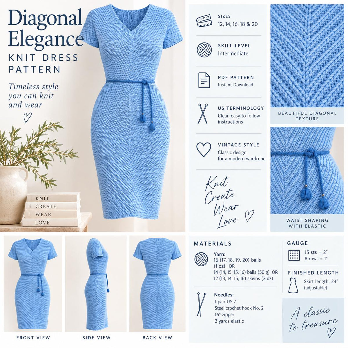 Diagonal Elegance Knit Dress Pattern