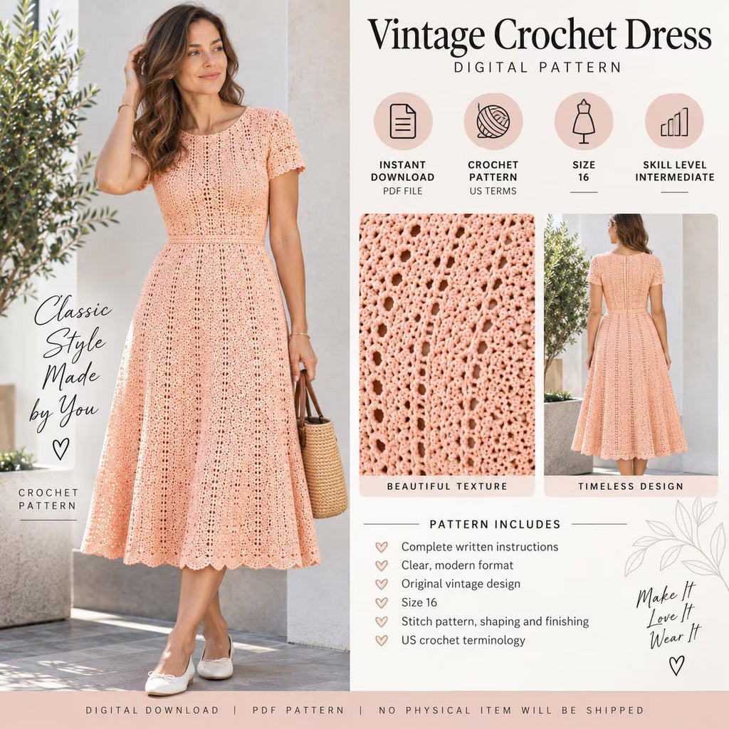 Vintage Crochet Dress Pattern, Women’s Midi Dress