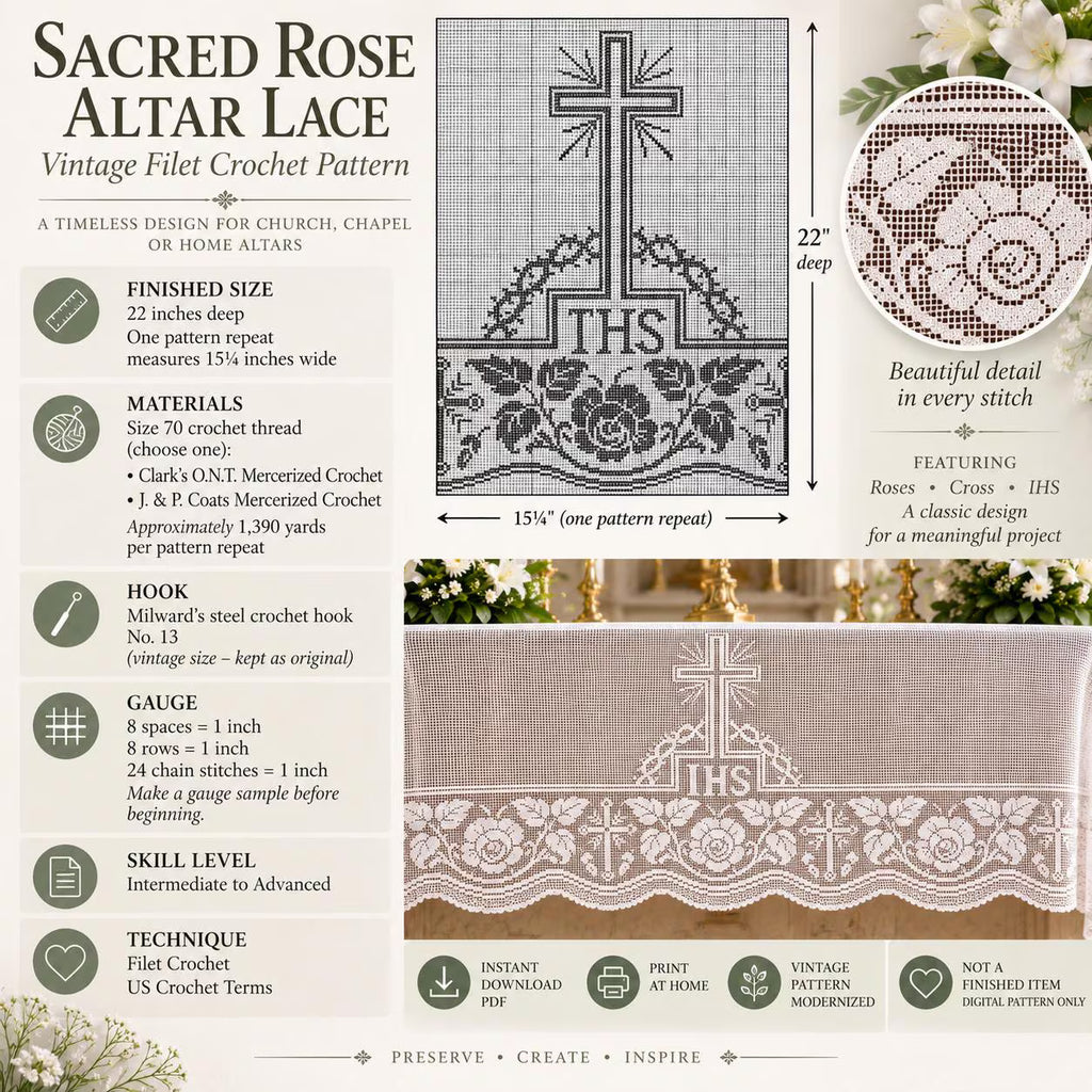 Altar Lace Crochet Pattern, Vintage Filet Church Lace