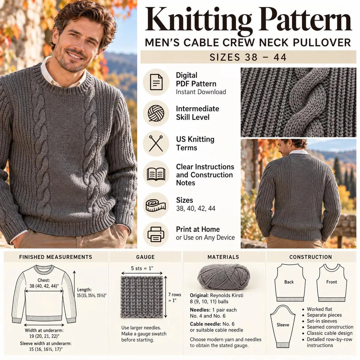 Vintage Men’s Cable Sweater Knitting Pattern