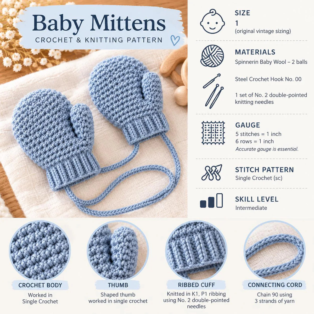 Vintage Baby Mittens Crochet & Knitting Pattern