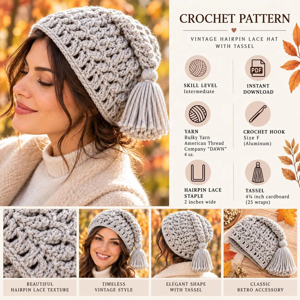 Vintage Hairpin Lace Crochet Hat Pattern with Tassel