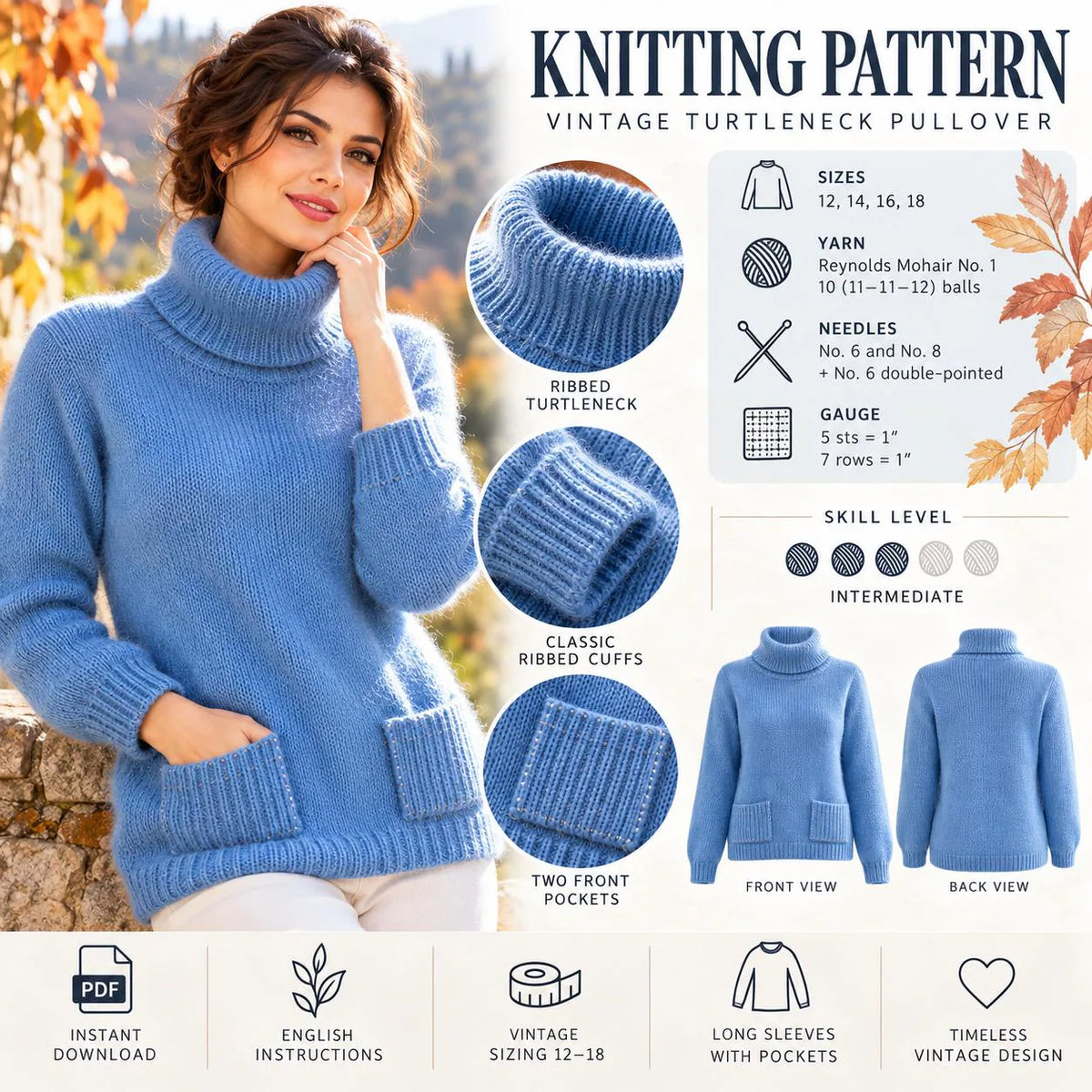 Vintage Mohair Turtleneck Pullover Knitting Pattern