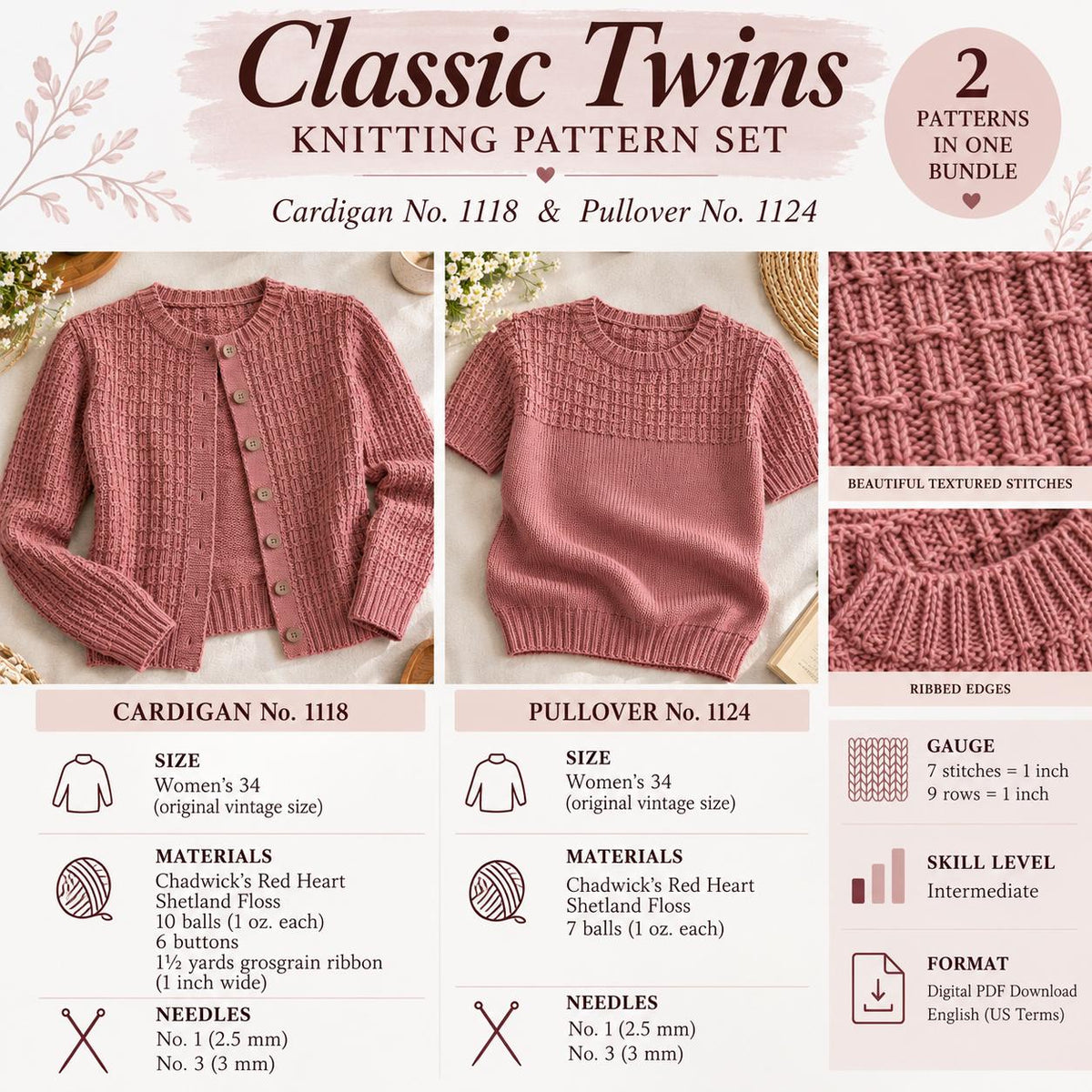 Vintage Cardigan & Pullover Knitting Pattern Bundle
