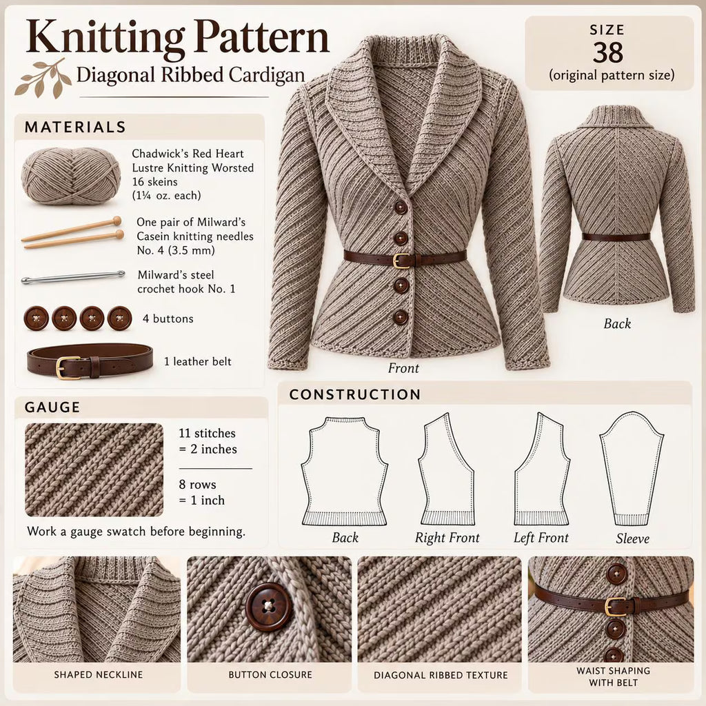 Diagonal Ribbed Cardigan Knitting Pattern