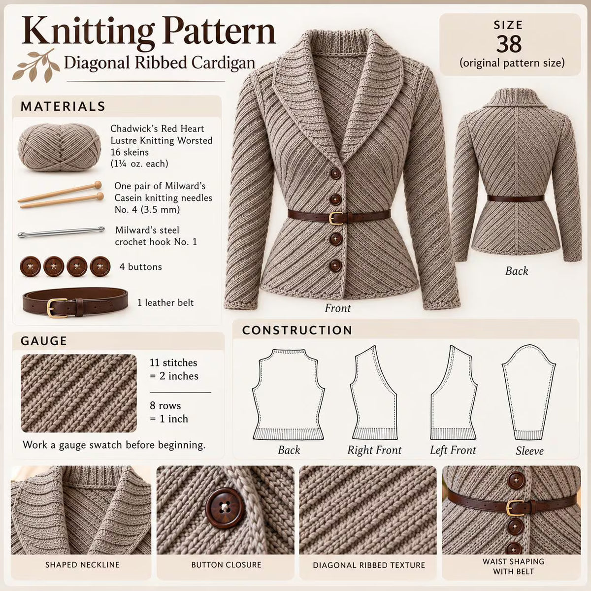 Diagonal Ribbed Cardigan Knitting Pattern